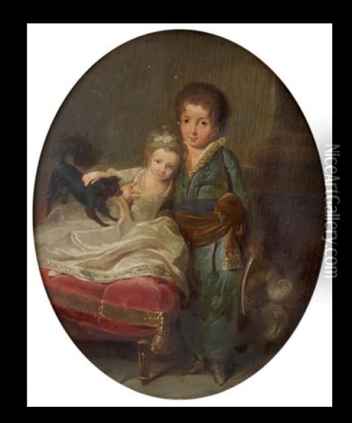 Deux Enfants Et Un Chien Sur Un Coussin Oil Painting - Jean-Baptiste Andre Gautier d'Agoty