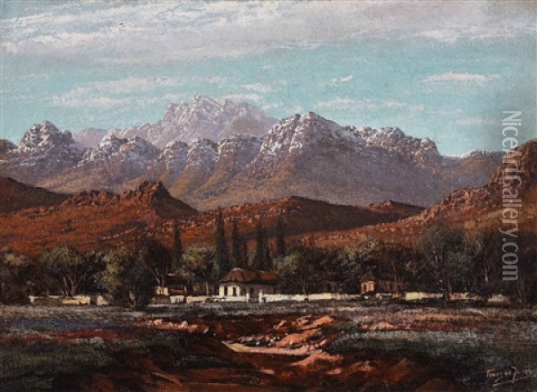 Cape Farmscape With Snow Capped Mountains Oil Painting - Tinus de Jongh