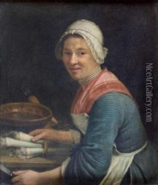 Une Cuisiniere Preparant Des Legumes Oil Painting - Andre Bouys