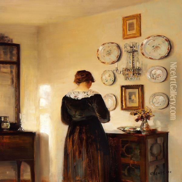 Interior With The Painter's Wife In Their Home Oil Painting - Carl Vilhelm Holsoe