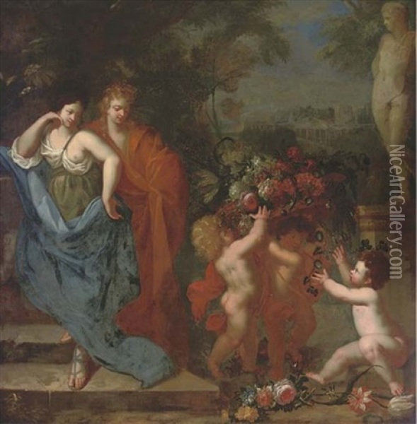 An Italianate Garden With Cherubs Offering Flowers To An Amorous Couple, A Classical Palace Beyond Oil Painting - Kaspard Jacob Opstal the Elder