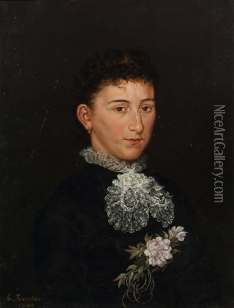 Portrat Einer Dame Im Schwarzen Kleid Mit Spitzenbesatz Und Blume Oil Painting - Adolphe Jourdan
