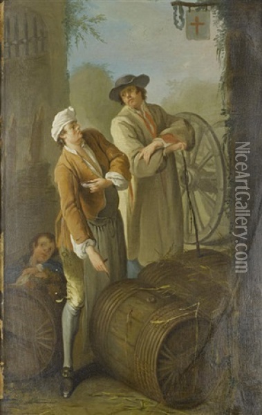 A Wine Seller (+ A Grape Seller; Pair) Oil Painting - Etienne Jeaurat
