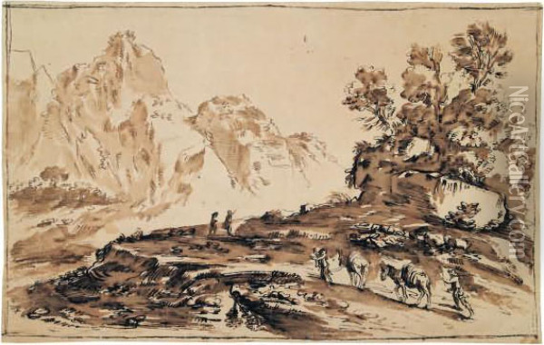 Maultierkolonne In Gebirgiger Landschaft Oil Painting - Guercino