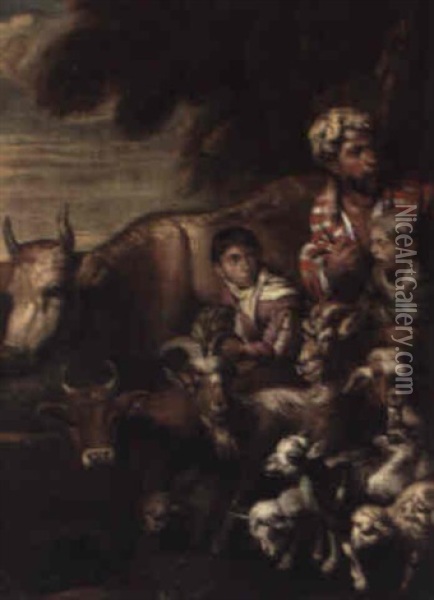 Peasants With A Herd Of Cattle, Goats And Sheep Oil Painting - Giovanni Benedetto Castiglione