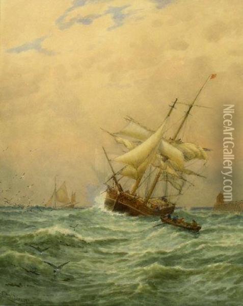 Leaving Harbour, Watercolour Signed & Dated 1881 Oil Painting - George Stanfield Walters