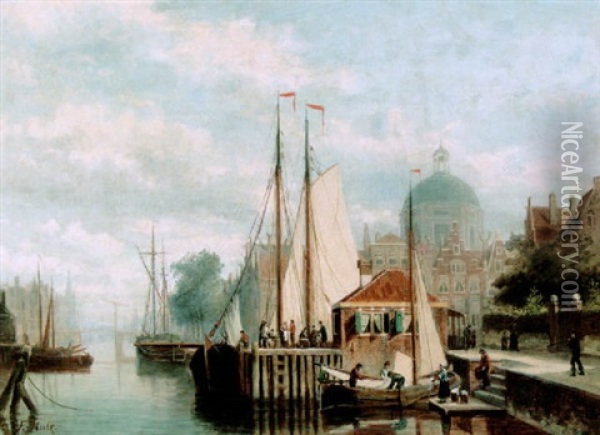 Figures On A Quay Of An Amsterdam Canal Oil Painting - Johannes Frederik Hulk the Elder