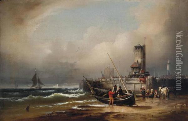 Unloading The Day's Catch, At Low Tide, Before A Continental Harbour Oil Painting - Eduard Schmidt