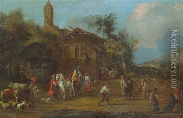 The Courtyard Of A Country Inn With Travellers And A Drover Oil Painting - Jean Daret