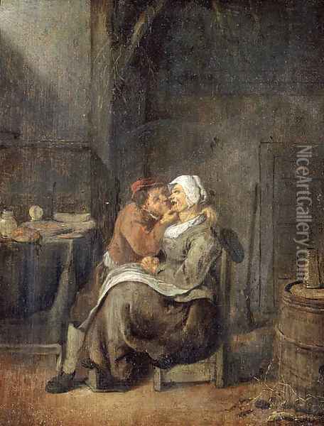 A boor courting a maid in a barn Oil Painting - Jan Miense Molenaer