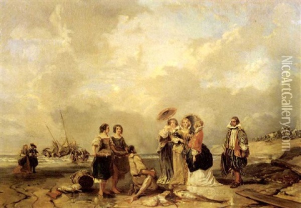 Les Elegantes Au Bord De La Mer Oil Painting - Jules Achille Noel