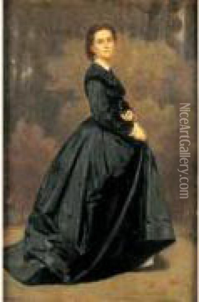 Portrait De Femme Debout En Robe Noire. Oil Painting - Pierre-Louis-Joseph de Coninck