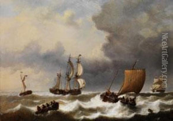 Segelschiffe Auf Rauer See Oil Painting - George Willem Opdenhoff