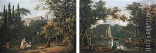 Jeunes Femmes Dans Un Parc (+ Le Temple Antique Aupres De La Riviere; Pair) Oil Painting - Louis Pierre Baltard de la Fresque