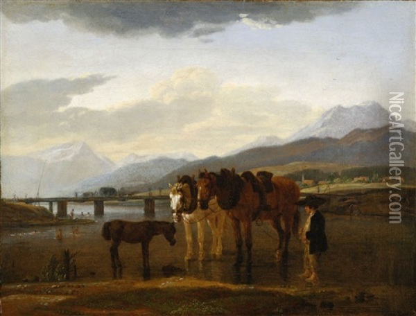 Bauerin Und Bub Mit Zwei Pferden (+ Pferdegespann Vor Rottlach-egern; Pair) Oil Painting - Wilhelm Alexander Wolfgang von Kobell