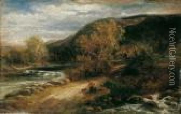 Gebirgslandschaft Mit Wanderern An Einem Fluss. Oil Painting - Alexandre Calame