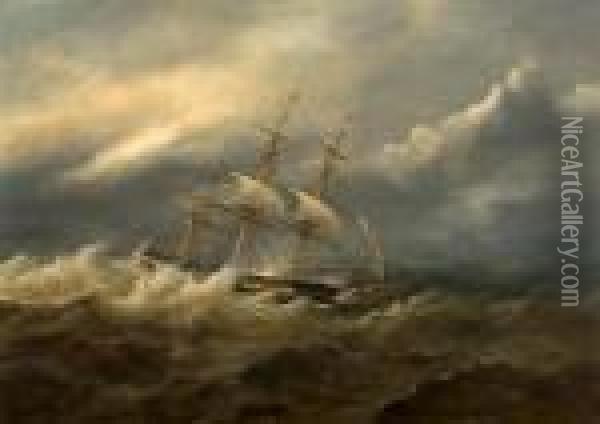 Rigged Ship In Rough Seas Oil Painting - John Moore Of Ipswich