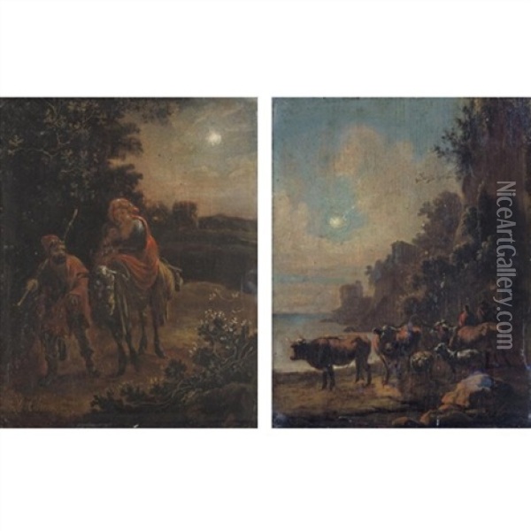 The Flight Into Eygpt (+ Drovers Watering Their Animals In A Moonlit Landscape; Pair) Oil Painting - Adam de Colonia