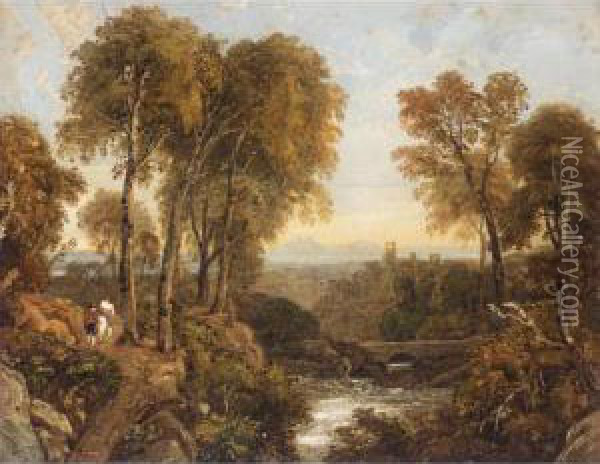 Figures On A Wooded Path By A River, A Castle And Mountains Beyond Oil Painting - George Jnr Barrett