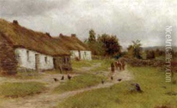 A Woman And Cattle On A Track Passing Cottages Oil Painting - Andrew Black