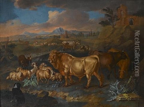 A Landscape With Bulls, Sheep And Goats Grazing, A Shepherd And His Flock In The Distance Oil Painting - Philipp Ferdinand de Hamilton
