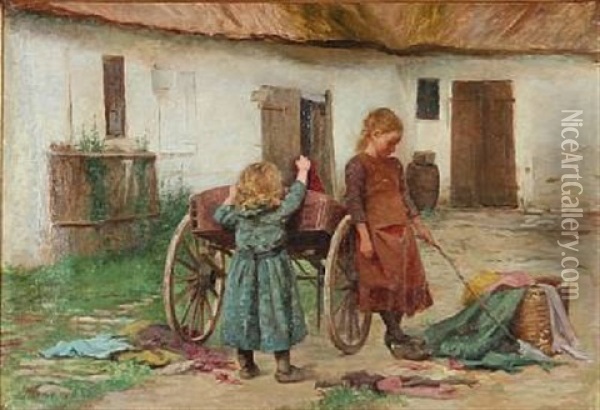 Two Girls Playing In Front Of A Farmer House Oil Painting - Emilie (Caroline E.) Mundt