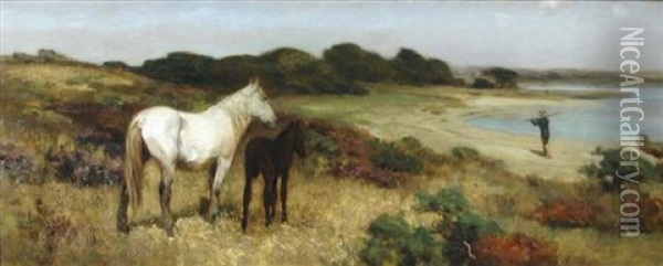 A Mare And Foal By A Beach Watching A Passing Fisherman Oil Painting - Arthur Lemon