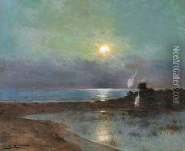 Marine Et Etang Au Clair De Lune Oil Painting - Luis Graner Arrufi