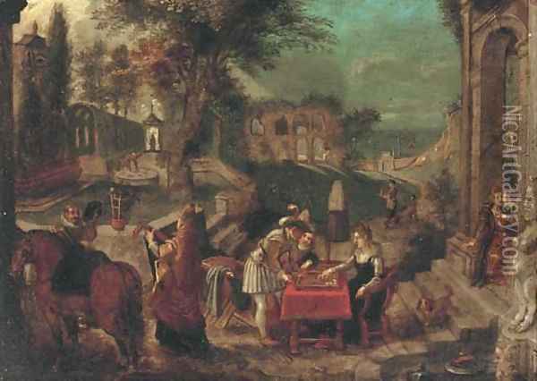 An extensive Italianate landscape of a country house garden with Roman ruins, backgammon players, an amorous couple and a lute player in the foregroun Oil Painting - Sebastian Vrancx