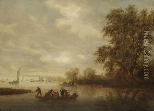 A River Landscape With A Ferry Boat Oil Painting - Salomon van Ruysdael