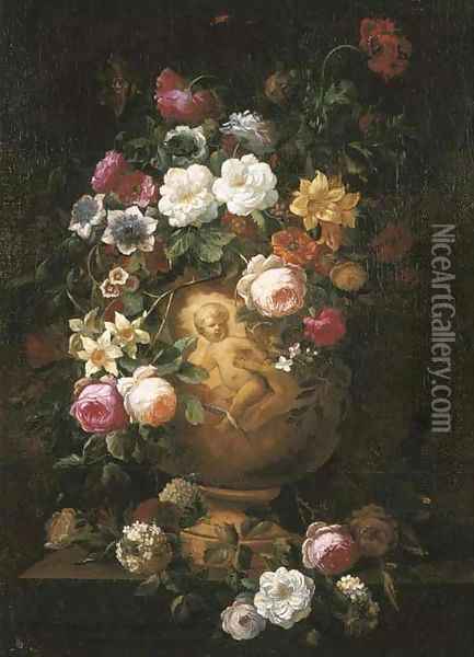 Roses, poppies and other flowers in a sculpted vase on a pedestal Oil Painting - Jean-Baptiste Monnoyer