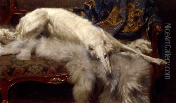 A Lady Of Quality - A Borzoi On A Chaise Longue Oil Painting - William Frank Calderon