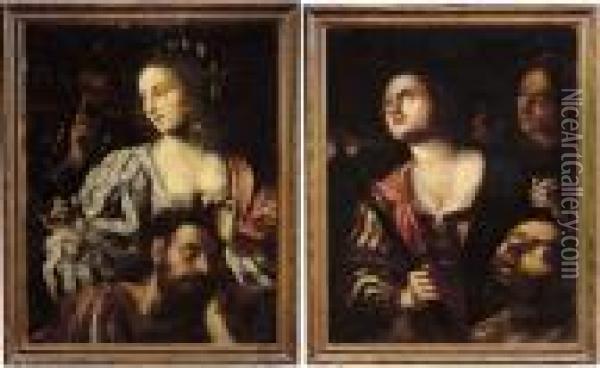 Lotto Di Due Opere: <sansone E Dalila> E <giuditta Con La Oil Painting - Pietro Della Vecchio