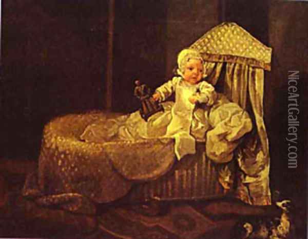 Gerard Anne Edwards In His Cradle 1733 Oil Painting - William Hogarth