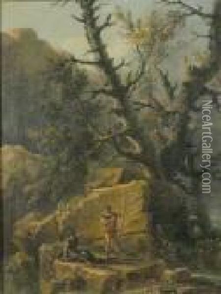 Landscape With Tree And Two Soldiers In Roman Dress Oil Painting - Salvator Rosa