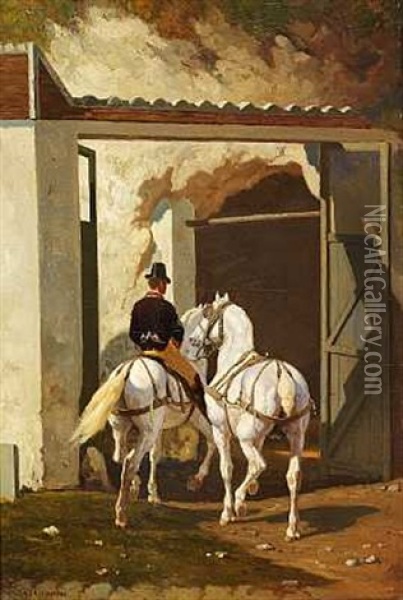 En Rytter Med To Hvide Heste Oil Painting - Louis Eugene Ginain