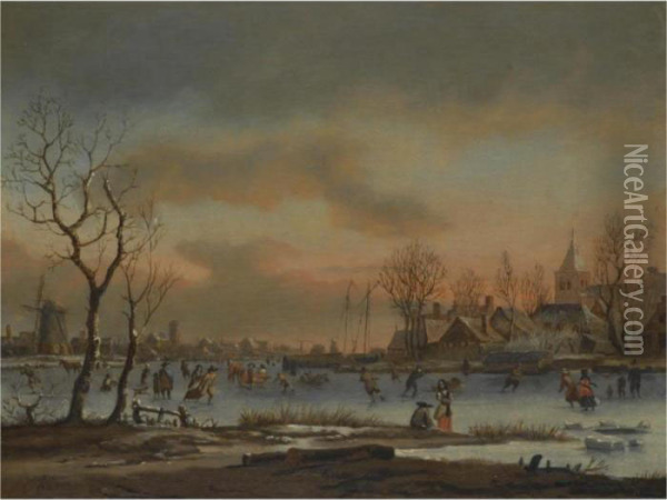 An Extensive Winter Landscape With Numerous Figures Skating, A Church Beyond Oil Painting - Aert van der Neer