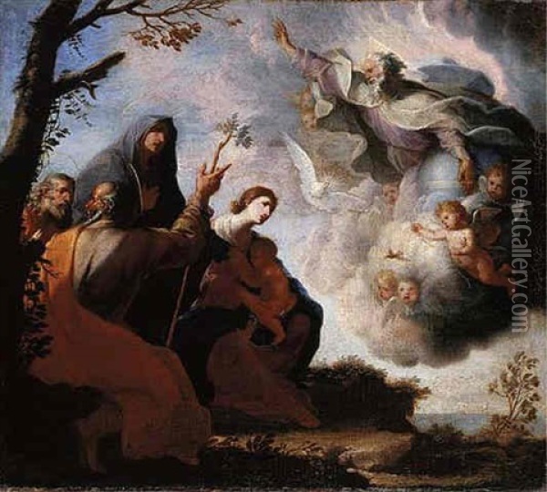 God The Father Appearing Before The Holy Family With Saint Anne And Saint Joachim Oil Painting - Michele Ragoglia