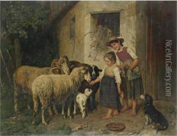 Bei Den Schafen (feeding The Sheep) Oil Painting - Adolf Eberle