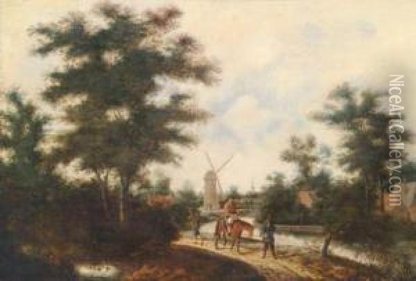 Umkreis Bewaldete Landschaft Mit Wanderern Und Einer Windmuhle Oil Painting - Jacob Salomonsz. Ruysdael