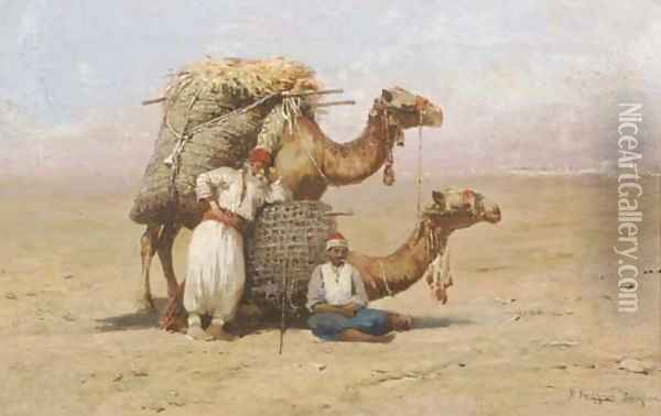 Two Arabs resting with their camels Oil Painting - Pasquale Ruggiero
