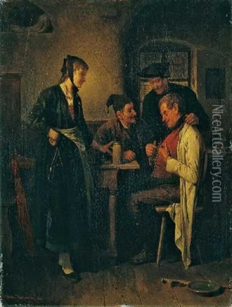 Wirtshausszene Mit Drei Mannern Und Einer Jungen Frau Oil Painting - Friedrich Ritter von Malheim Friedlaender
