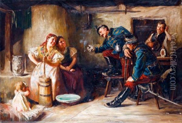 Menyecskekkel Evodo Huszarok Oil Painting - Mor Karvaly