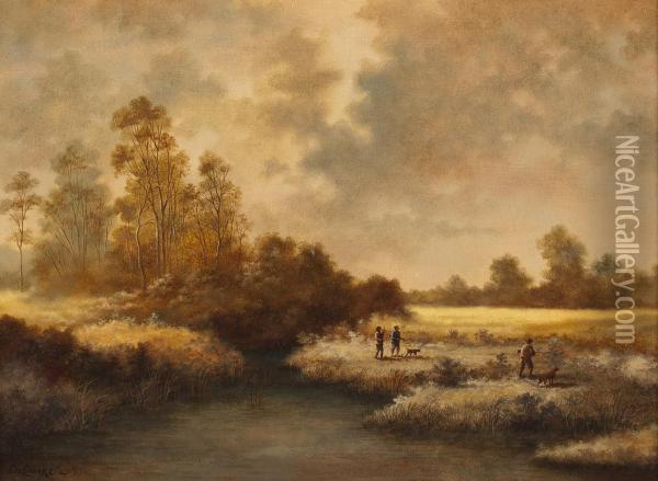 Jagdgruppe In Herbstlicher Landschaft Oil Painting - Jean Charles Delamare