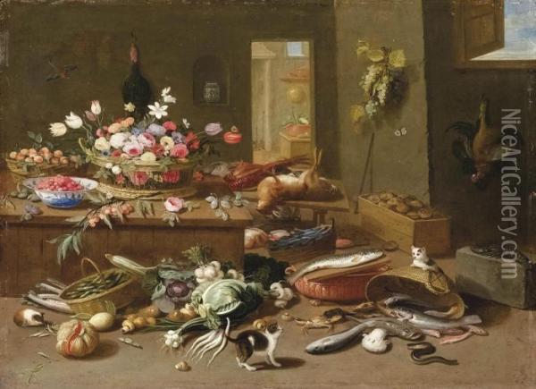 I A Basket Of Flowers And Bowl Of Strawberries On A Wooden Table Oil Painting - Jan van Kessel