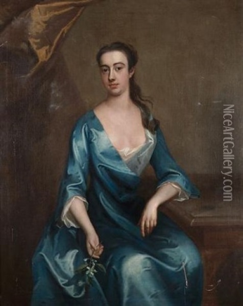 Portrait Of A Lady (miss Shafto?) In A Blue Dress And Holding A Sprig Of Orange Blossom Oil Painting - Charles Jervas