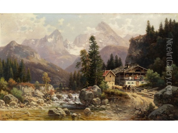 Alpenlandschaft Mit Muhlengebaude An Einem Gebirgsbachlauf Oil Painting - Ludwig Sckell