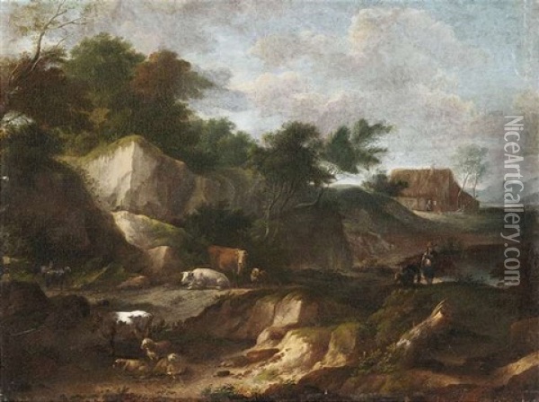 Bewaldete Felslandschaft Mit Hirten Und Herde, Im Hintergrund Ein Bauerngehoft Oil Painting - Cornelis Huysmans