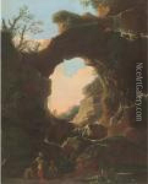 A Grotto With A Waterfall Oil Painting - Salvator Rosa