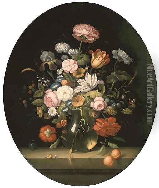 Roses, tulips, morning glory, berries and fruit in a glass jug with a butterfly, a dragonfly and a snail on a ledge Oil Painting - Balthasar Van Der Ast